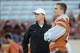 Nov 28, 2013; Austin, TX, USA; Texas Longhorns quarterback David Ash (r) talks with offensive coordinator Major Applewhite (l) prior to the game against the Texas Tech Red Raiders at Darrell K Royal-Texas Memorial Stadium. Mandatory Credit: Brendan Malone