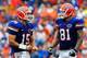GAINESVILLE, FL - SEPTEMBER 12: Tim Tebow #15 of the Florida Gators speaks with Aaron Hernandez #81 during the game against the Troy Trojans at Ben Hill Griffin Stadium on September 12, 2009 in Gainesville, Florida. (Photo by Sam Greenwood/Getty Images