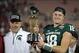 Jan 1, 2014; Pasadena, CA, USA; Michigan State Spartans coach Mark Dantonio (left) and quarterback Connor Cook (18) hoist the Leishman Trophy after the 100th Rose Bowl against the Stanford Cardinal. Michigan State defeated Stanford 24-20. Mandatory Credit