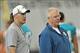 Jul 26, 2013; Davie, FL, USA; Miami Dolphins offensive coordinator Mike Sherman (right) talks with head coach Joe Philbin (left) during training camp at the Doctors Hospital Training Facility at Nova Southeastern University. Mandatory Credit: Steve Mitche