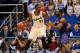 Jan 11, 2014; Lawrence, KS, USA; Kansas Jayhawks center Joel Embiid (21) dribbles the ball as Kansas State Wildcats forward Thomas Gipson (42) defends during the second half at Allen Fieldhouse. Kansas won 86 - 60. Mandatory Credit: Denny Medley-USA TODAY