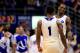 LAWRENCE, KS - JANUARY 11: Andrew Wiggins #22 of the Kansas Jayhawks celebrates with Wayne Selden, Jr. #1 after scoring during the game against the Kansas State Wildcats at Allen Fieldhouse on January 11, 2014 in Lawrence, Kansas. (Photo by Jamie Squire