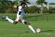 Jan 12, 2014; Lauderhill, FL, USA; Brazuca goalkeeper Andre Blake (12) kicks the ball into play against the Predator during the first half at Central Broward Regional Park. Mandatory Credit: Steve Mitchell-USA TODAY Sports