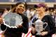 NEW YORK, NY - SEPTEMBER 11: Samantha Stosur (R) of Australia celebrates with the championship trophy alongside Serena Williams (L) of the United States who poses with the second place trophy after their Women's Singles Final match on Day Fourteen of th