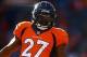 Jan 12, 2014; Denver, CO, USA; Denver Broncos running back Knowshon Moreno warms up prior to the game against the San Diego Chargers during the 2013 AFC divisional playoff football game at Sports Authority Field at Mile High. Mandatory Credit: Mark J. Reb