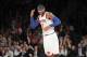 Jan 13, 2014; New York, NY, USA; New York Knicks small forward Carmelo Anthony (7) reacts after hitting a three-point shot against the Phoenix Suns during the first quarter of a game at Madison Square Garden. Mandatory Credit: Brad Penner-USA TODAY Sports