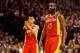Apr 5, 2013; Portland, OR, USA; Houston Rockets shooting guard James Harden (13) and point guard Jeremy Lin (7) walk to the bench in the 3rd quarter against the Portland Trail Blazers at the Rose Garden. Mandatory Credit: Craig Mitchelldyer-USA TODAY Spor