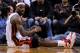 Jan 7, 2014; Miami, FL, USA; Miami Heat small forward LeBron James (6) reacts after falling on the court during the second half against the New Orleans Pelicans at American Airlines Arena. The Heat won 107-88. Mandatory Credit: Steve Mitchell-USA TODAY Sp