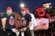 Dec 1, 2012; Jonesboro, AR, USA; Arkansas State Red Wolves linebacker Nathan Herrold (40) , quarterback Ryan Aplin (16) , head coach Gus Malzahn and mascot Howl pose with the Sun Belt Conference championship trophy after defeating the Middle Tennessee Blu