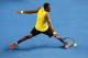 MELBOURNE, AUSTRALIA - JANUARY 16: Gael Monfils of France plays a backhand in his second round match against Jack Sock of the United States during day four of the 2014 Australian Open at Melbourne Park on January 16, 2014 in Melbourne, Australia. (Photo
