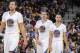 OAKLAND, CA - NOVEMBER 16: Andrew Bogut #12, David Lee #10 and Stephen Curry #30 of the Golden State Warriors in a game against the Utah Jazz on November 16, 2013 at Oracle Arena in Oakland, California. NOTE TO USER: User expressly acknowledges and agrees