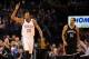 Jan 2, 2014; Oklahoma City, OK, USA; Oklahoma City Thunder small forward Kevin Durant (35) and Brooklyn Nets point guard Shaun Livingston (14) react after Durant made a 3 point shot during the second quarter at Chesapeake Energy Arena. Mandatory Credit: