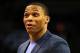 Jan 11, 2014; Oklahoma City, OK, USA; Oklahoma City Thunder point guard Russell Westbrook (0) reacts to action against the Milwaukee Bucks at Chesapeake Energy Arena. Mandatory Credit: Mark D. Smith-USA TODAY Sports