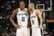 SAN ANTONIO, TX - FEBRUARY 4: Kawhi Leonard #2 talks with Tony Parker #9 of the San Antonio Spurs against the Oklahoma City Thunder at the AT&T Center on February 4, 2012 in San Antonio, Texas. NOTE TO USER: User expressly acknowledges and agrees that, by