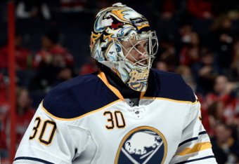WASHINGTON, DC - JANUARY 12: Ryan Miller #30 of the Buffalo Sabres skates before the start of the second period during an NHL game against the Washington Capitals at Verizon Center on January 12, 2014 in Washington, DC. (Photo by Patrick McDermott/NHLI