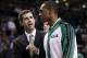 Jan 15, 2014; Boston, MA, USA; Boston Celtics head coach Brad Stevens talks with point guard Rajon Rondo (9) during the second quarter against the Toronto Raptors at TD Garden. Mandatory Credit: Greg M. Cooper-USA TODAY Sports