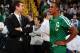 BOSTON, MA - JANUARY 15: Head coach Brad Stevens and Rajon Rondo #9 of the Boston Celtics chat during warm ups before the game against the Toronto Raptors on January 15, 2014 at the TD Garden in Boston, Massachusetts. NOTE TO USER: User expressly acknowl