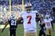 Jan 12, 2014; Charlotte, NC, USA; San Francisco 49ers quarterback Colin Kaepernick (7) celebrates a touchdown against the Carolina Panthers during the third quarter of the 2013 NFC divisional playoff football game at Bank of America Stadium. Mandatory Cre