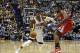 Jan 18, 2014; Indianapolis, IN, USA; Indiana Pacers forward Paul George (24) drives to the basket against Los Angeles Clippers center DeAndre Jordan (6) at Bankers Life Fieldhouse. Indiana defeats Los Angeles 106-92. Mandatory Credit: Brian Spurlock-USA T