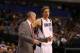 Jan 16, 2013; Dallas, TX, USA; Dallas Mavericks forward Dirk Nowitzki (41) talks with head coach Rick Carlisle during the game against the Houston Rockets at the American Airlines Center. The Mavs beat the Rockets 105-100. Mandatory Credit: Matthew Emmons