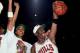 CHICAGO - JUNE 14: Michael Jordan #23 and teammate Scottie Pippen #33 of the Chicago Bulls celebrate after defeating the Portland Trail Blazers in Game six to win the NBA Championship at Chicago Stadium on June 14, 1992 in Chicago, Illinois. NOTE TO USE