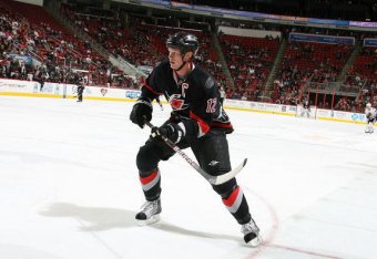 RALEIGH, NC - JANUARY 30: Eric Staal #12 of the Carolina Hurricanes skates for position on the ice  during a NHL game against the Chicago Blackhawks on January 30, 2010 at RBC Center in Raleigh, North Carolina.  (Photo by Gregg Forwerck/NHLI via Getty Ima
