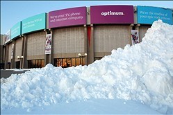 February 9, 2013; New York, NY, USA; Snow is piled in front of Nassau Veterans Memorial Coliseum before the start of an NHL game between the New York Islanders and the Buffalo Sabres. Mandatory Credit: Brad Penner-USA TODAY Sports