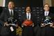 Jan 18, 2013; Jacksonville FL, USA; Jacksonville Jaguars new head coach Gus Bradley (left), owner Shad Khan (middle) and general manager Dave Caldwell pose for photos after a press conference at EverBank Field. Mandatory Credit: Phil Sears-USA TODAY Sport