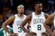 Mar 18, 2013; Boston, Massachusetts, USA; Boston Celtics small forward Paul Pierce (34), forward Jeff Green (8) and guard Jason Terry (4) during the fourth quarter against the Miami Heat at TD Banknorth Garden. The Miami Heat won 105-103. Mandatory Cre