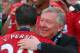 MANCHESTER, ENGLAND - MAY 12: Manchester United Manager Sir Alex Ferguson congratulates Robin van Persie following the Barclays Premier League match between Manchester United and Swansea City at Old Trafford on May 12, 2013 in Manchester, England. (Phot
