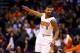 Jan 22, 2014; Phoenix, AZ, USA; Phoenix Suns forward Markieff Morris celebrates a fourth quarter three pointer against the Indiana Pacers at US Airways Center. The Suns defeated the Pacers 124-100. Mandatory Credit: Mark J. Rebilas-USA TODAY Sports