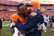 DENVER, CO - JANUARY 19: Danny Trevathan #59 of the Denver Broncos celebrates with head coach John Fox of the Denver Broncos after they defeated the New England Patriots 26 to 16 during the AFC Championship game at Sports Authority Field at Mile High on