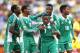 CAPE TOWN, SOUTH AFRICA - JANUARY 19: Christantus Ejike of Nigeria (7) is congratulated for scoring by Kwambe Solomon, Abdullahi Shehu, Erhun Obanor and Bright Eseme of Nigeria during the 2014 African Nations Championship match between South Africa and N