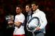 MELBOURNE, AUSTRALIA - JANUARY 26: Pete Sampras (C) poses with Stanislas Wawrinka of Switzerland and Rafael Nadal of Spain after Wawrinka won the men's final match during day 14 of the 2014 Australian Open at Melbourne Park on January 26, 2014 in Melbour