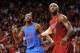 Dec. 25, 2012; Miami, FL, USA; Miami Heat small forward LeBron James (6) and Oklahoma City Thunder small forward Kevin Durant (35) look up for a rebound during the first half at American Airlines Arena. Mandatory Credit: Steve Mitchell-USA TODAY Sports
