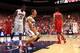 TUCSON, AZ - JANUARY 26: Nick Johnson #13 of the Arizona Wildcats reacts alongside Rondae Hollis-Jefferson #23 (L) after a slam dunk agianst the Utah Utes during the second half of the college basketball game at McKale Center on January 26, 2014 in Tucso