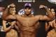 Aug 16, 2013; Boston, MA, USA; Alistair Overeem flexes during the weigh-in for his UFC fight at TD Garden tomorrow night. Mandatory Credit: Winslow Townson-USA TODAY Sports