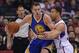 Oct 31, 2013; Los Angeles, CA, USA; Los Angeles Clippers power forward Blake Griffin (32) guards Golden State Warriors power forward David Lee (10) in the first half of the game at Staples Center.Clippers won 125-115. Mandatory Credit: Jayne Kamin-Oncea