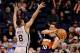 Feb. 24, 2013; Phoenix, AZ, USA; Phoenix Suns guard Diante Garrett (10) handles the ball against the San Antonio Spurs guard Patty Mills (8) in the second half at US Airways Center. The Spurs defeated the Suns 97-87. Mandatory Credit: Jennifer Stewart-USA