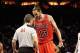 Jan 25, 2014; Charlotte, NC, USA; Chicago Bulls center Joakim Noah (13) complains to referee Eli Roe (44) during the second half of the game against the Charlotte Bobcats at Time Warner Cable Arena. Bulls win 89-87. Mandatory Credit: Sam Sharpe-USA TODAY