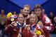 17 Feb 2002: (L-R) David Pelletier and Jamie Sale of Canada stand on the podium with Anton Sikharulidze and Elena Berezhnaya of Russia and pose with their gold medals in the pairs during the Salt Lake City Winter Olympic Games at the Salt Lake Ice Centeri