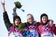 SOCHI, RUSSIA - FEBRUARY 08: (L-R) Silver medalist Staale Sandbech of Norway, gold medalist Sage Kotsenburg of the United States and bronze medalist Mark McMorris of Canada pose on the podium during the flower ceremony following the Snowboard Men's Slope