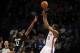 Feb 5, 2014; Oklahoma City, OK, USA; Oklahoma City Thunder small forward Kevin Durant (35) shoots the ball over Minnesota Timberwolves power forward Luc Richard Mbah a Moute (12) during the second quarter at Chesapeake Energy Arena. Mandatory Credit: Mark