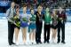 SOCHI, RUSSIA - FEBRUARY 09: (L-R) Bronze medalists the United States Simon Shnapir, Maria Castelli, Gracie Gold, Meryl Davis, Charlie White, Jason Brown, Ashley Wagner and Jeremy Abbott pose after the flower ceremony for the competes in the Team Ladies