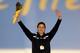 SALT LAKE CITY, UT - NOVEMBER 17: Brittany Bowe celebrates on the medals podium after winning the ladies 1,000 meter during the Essent ISU Long Track World Cup at the Utah Olympic Oval on November 17, 2013 in Salt Lake City, Utah. Bowe set a world record