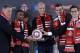 TORONTO, ON - JANUARY 13: (L-R) MLSE President Tim leiweki, Jermain Defoe, Michael Bradley, Head Coach Ryan Nelson and Toronto FC General Manager Tim Bezbatchenko pose at a Toronto FC press conference introducing the signing of Michael Bradley and Jermai