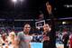 OKLAHOMA CITY, OK - APRIL 1: Russell Westbrook #0 of the Oklahoma City Thunder and Derrick Rose #1 of the Chicago Bulls wave to the crowd together during the game between the Chicago Bulls and the Oklahoma City Thunder on April 1, 2012 at the Chesapeake