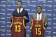 INDEPENDENCE - JUNE 24: The 2011 NBA draft fourth overall selection Tristan Thompson and first overall selection Kyrie Irving of the Cleveland Cavaliers show off their new jerseys at The Cleveland Clinic Courts on June 24, 2011 in Independence, Ohio. NOT