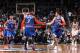 NEW YORK, NY - DECEMBER 5: Teammates Carmelo Anthony #7 of the New York Knicks and Andrea Bargnani #77 of the New York Knicks high five during a game against the Brooklyn Nets at Barclays Center on December 5, 2013 in the Brooklyn borough of New York City