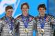 SOCHI, RUSSIA - FEBRUARY 13: (L-R) Silver medalist Gus Kenworthy of the United States, gold medalist Joss Christensen of the United States and bronze medalist Nicholas Goepper of the United States celebrates during the medal ceremony for the Freestyle Sk